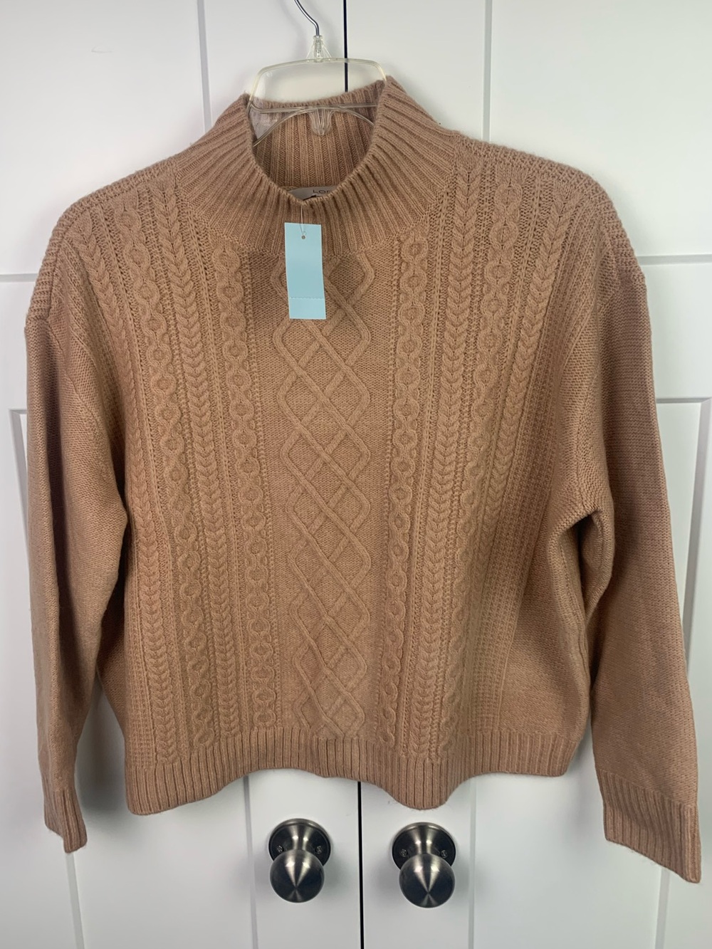 NWT Loft MP Medium Cable Knit Sweater Mock Camel Tan Preppy Classic